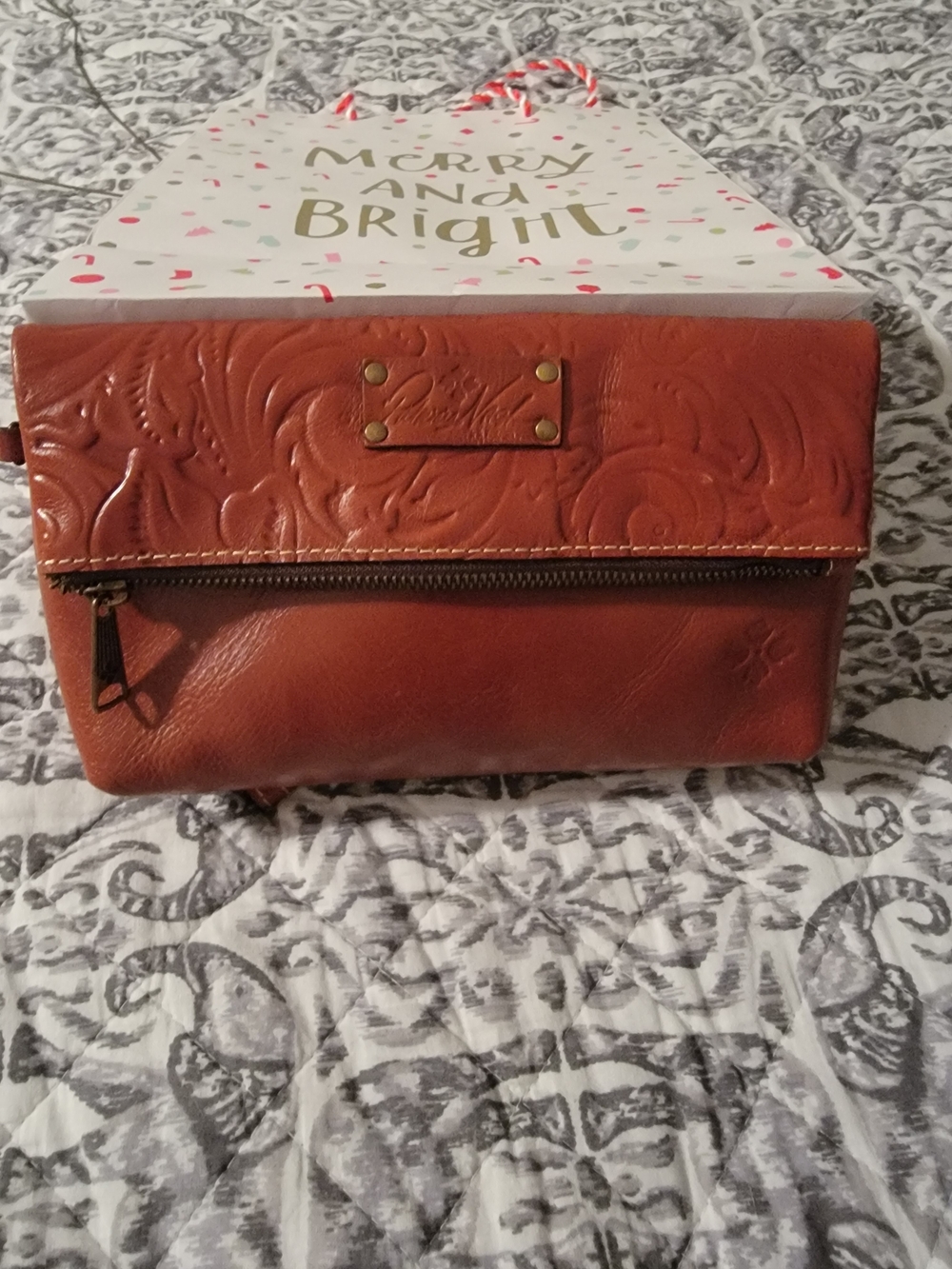 Patricia Nash Embossed Leather Wristlet Clutch in Cognac Brown, Used Once Bagged